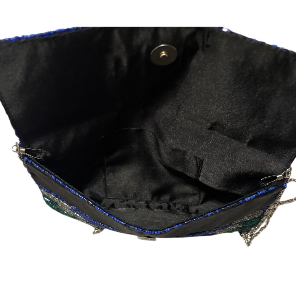 Vintage Beaded Clutch Crossbody Purse Formal Bag Blue Green Metallic Silver - Picture 11 of 16